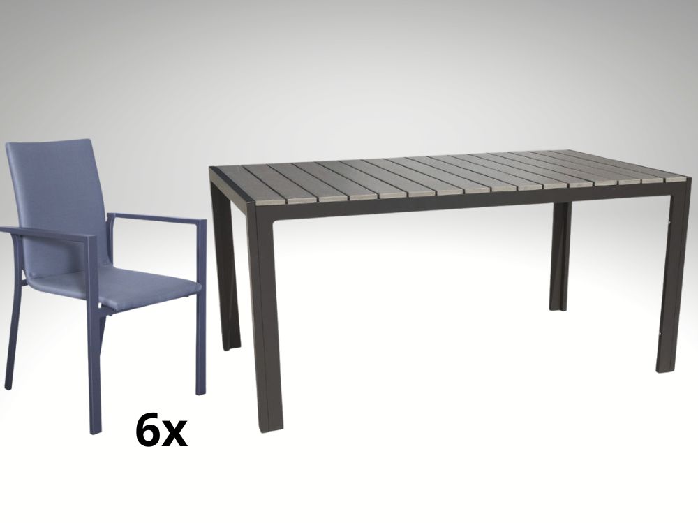 Hliníkový zahradní nábytek: stůl Jersey 160cm šedý a 6 stohovatelných křesel Jony