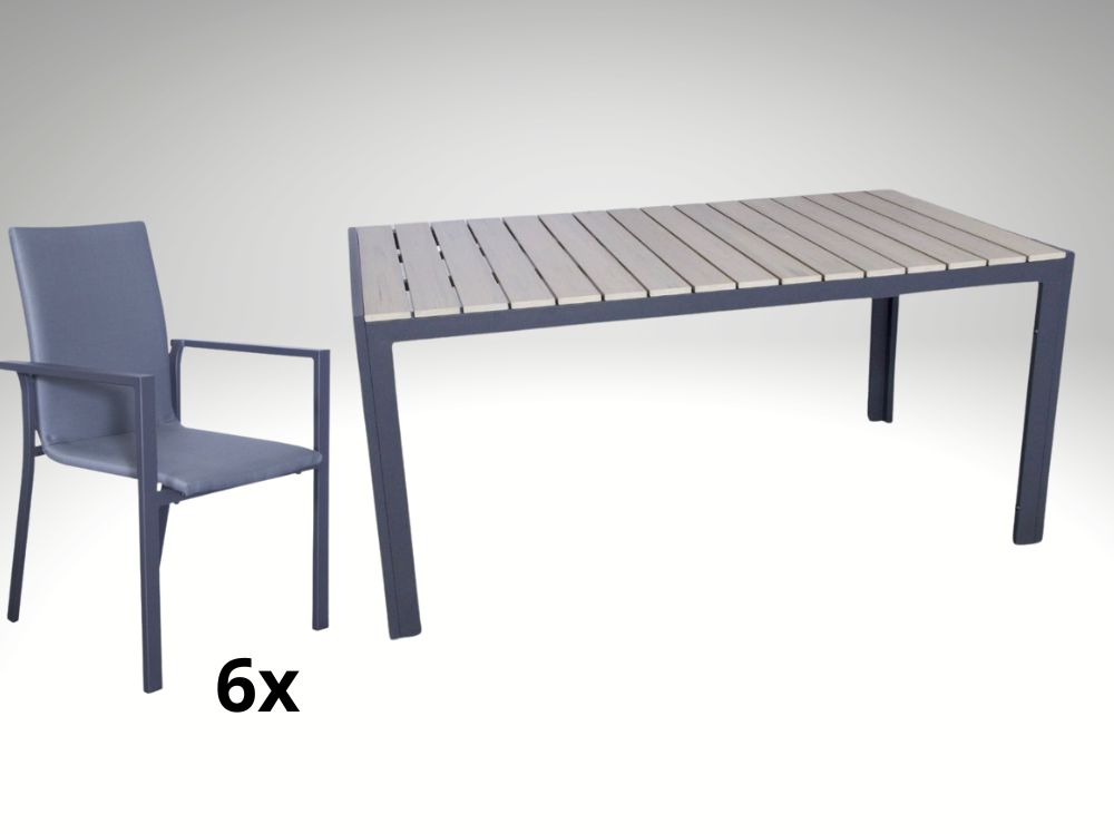 Hliníkový zahradní nábytek: stůl Jersey 160cm pískový a 6 stohovatelných křesel Jony