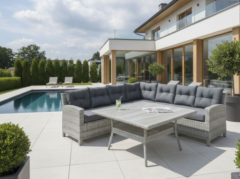 Zahradní set – sedací souprava Paola Q 1 pro 6 osob, kulatý šedý umělý ratan 238x238cm