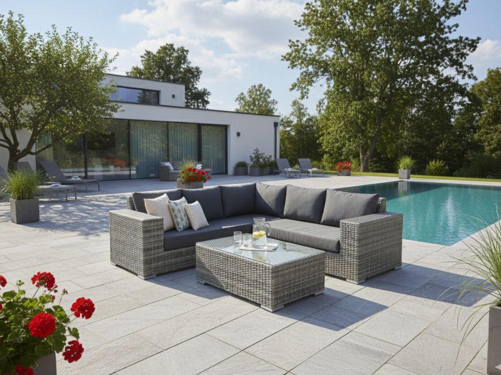 Zahradní set – exkluzivní souprava Bianca 1 pro 5 osob, kulatý šedý umělý ratan 240x240cm