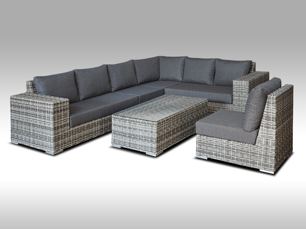 Zahradní set – exkluzivní souprava Bianca 6 pro 7 osob, kulatý šedý umělý ratan 240x303cm