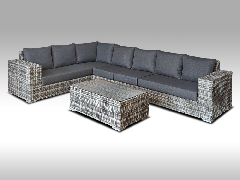 Zahradní set – exkluzivní souprava Bianca 7 pro 7 osob, kulatý šedý umělý ratan 366x240cm