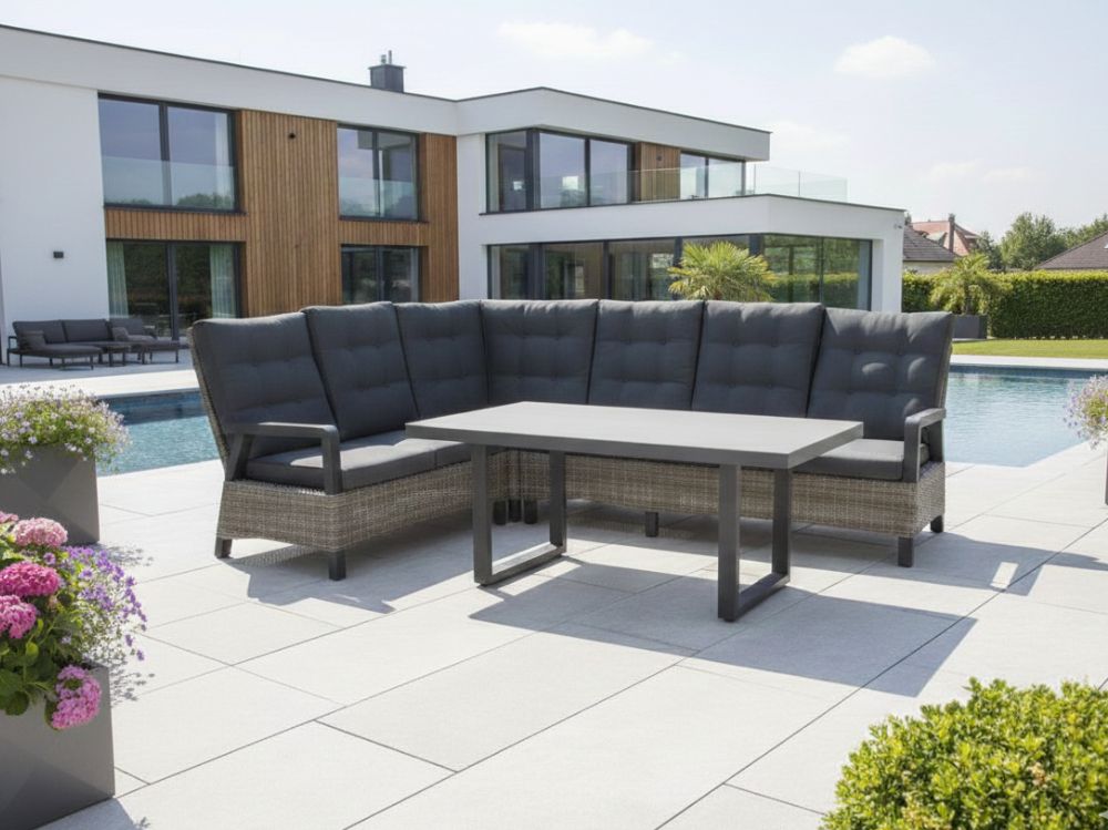 Zahradní set s vysokou opěrkou Princess pro 5 osob kulatý šedobéžový ratan hliník 274x212