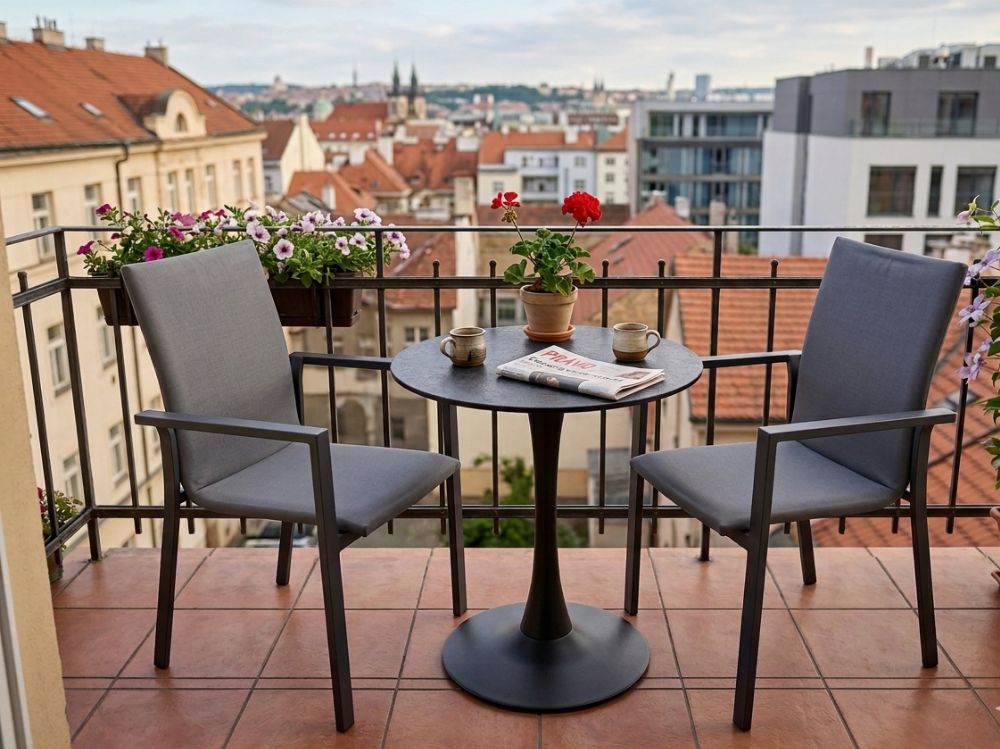 Zahradní set: kulatý stůl Jamy 70cm a 2 polstrovaná stohovatelná křesla Jony