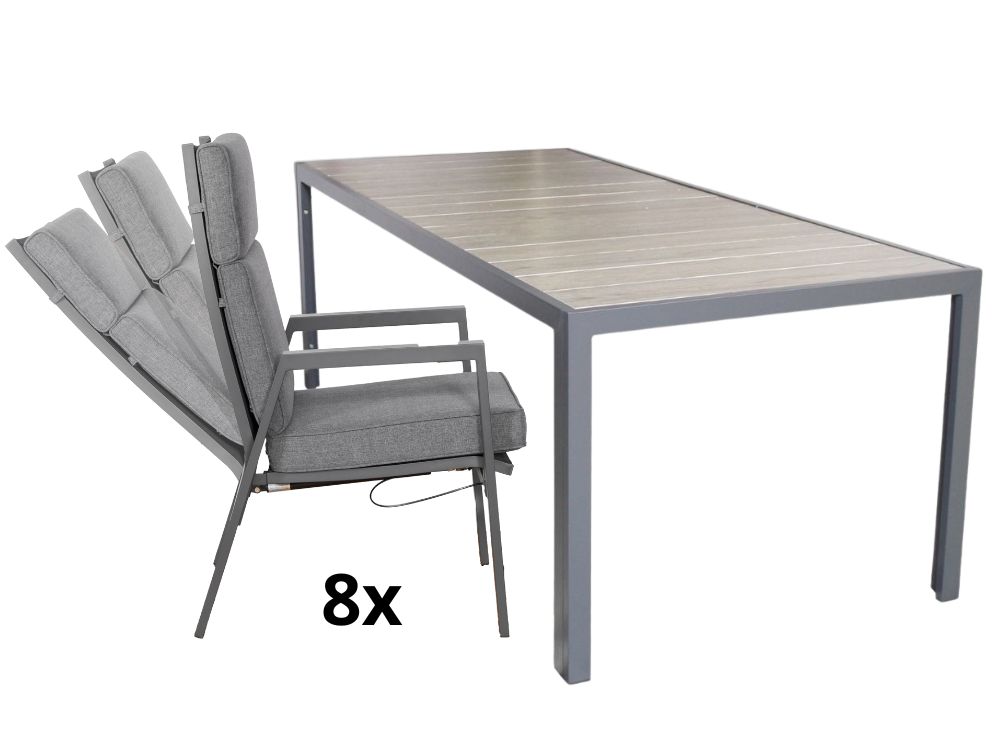 Hliníkový zahradní nábytek stůl Bergamo 217cm a 8 velkých polohovatelných křesel Milano