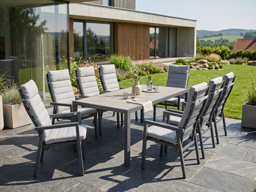 Hliníkový zahradní nábytek stůl Bergamo 217cm a 8 velkých polohovatelných křesel Marvin