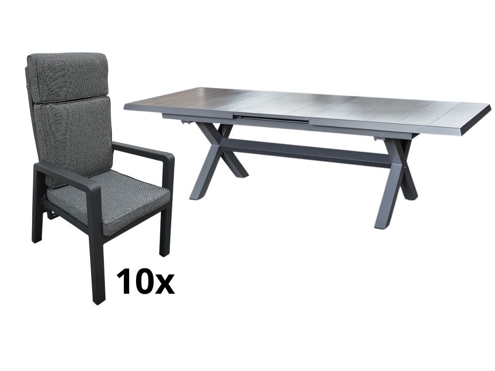 Zahradní set: rozkládací stůl Gerardo 205/265cm a 10 polohovatelných křesel Sheffield