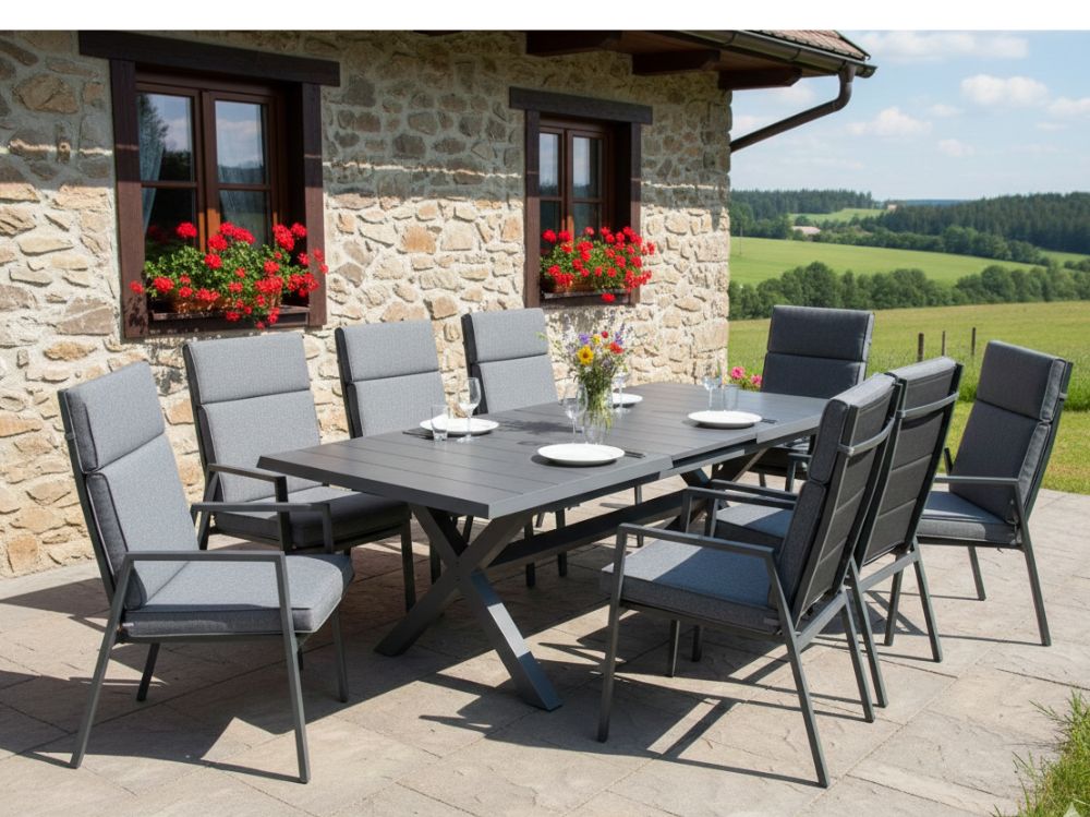 Zahradní set: rozkládací stůl Gerardo 205/265cm a 8 velkých polohovatelných křesel Milano