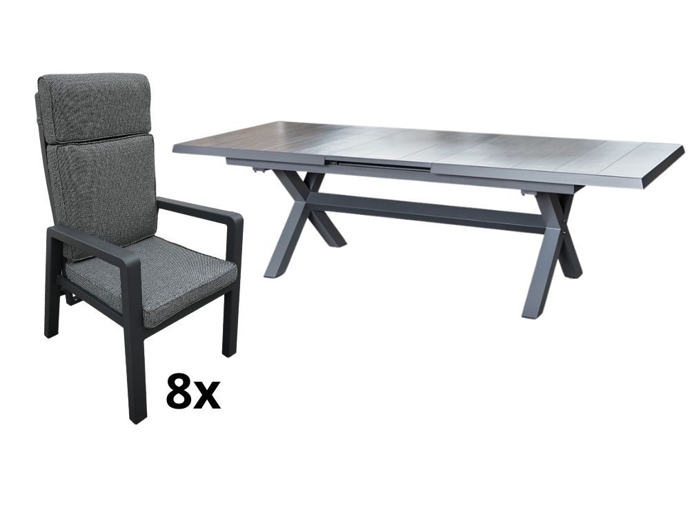 Zahradní set: rozkládací stůl Gerardo 205/265cm a 8 polohovatelných křesel Sheffield